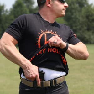 Conceal shirt (on body, action)